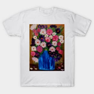 Lovely mixed flowers in a gold trim glass Vass T-Shirt